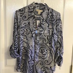 NWT Michael Kors 3/4 Sleeve Navy Patterned Blouse